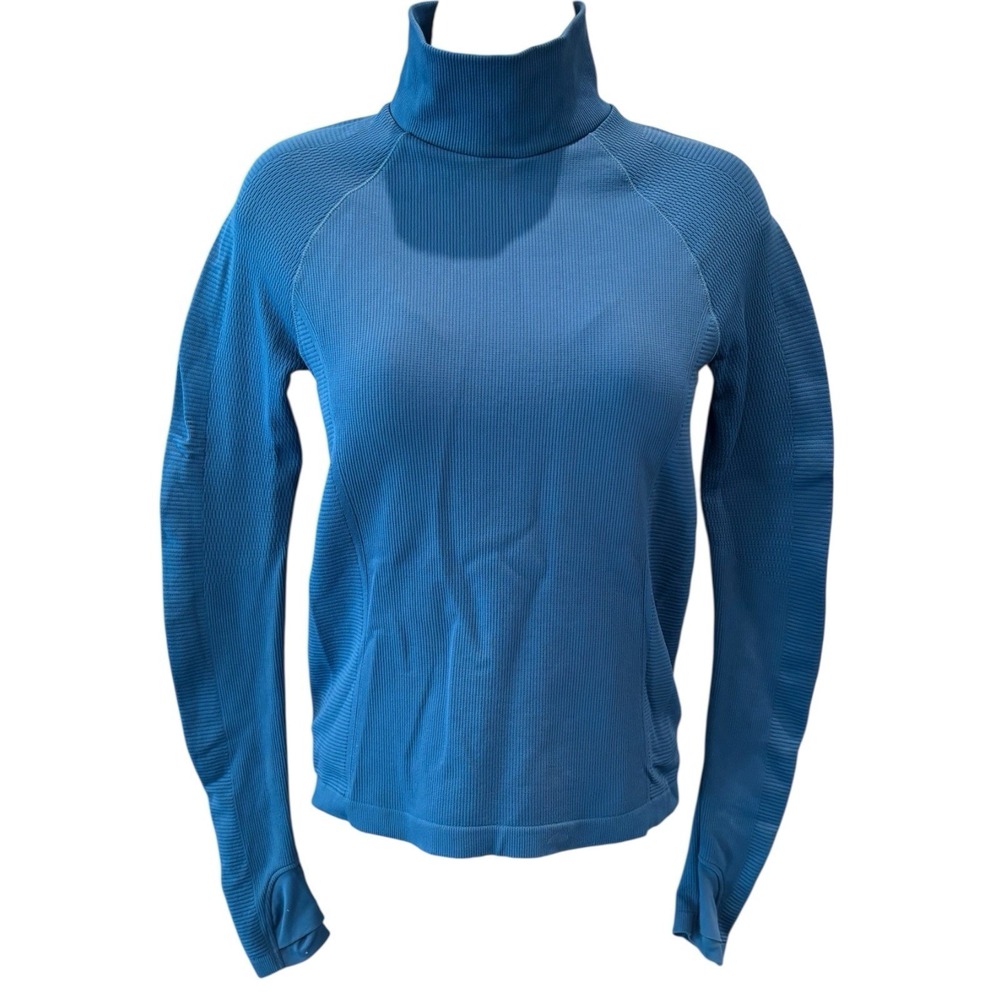Athleta Ribbed Turtleneck‎ Baselayer Top Women's S Blue Long Sleeve Thumbholes